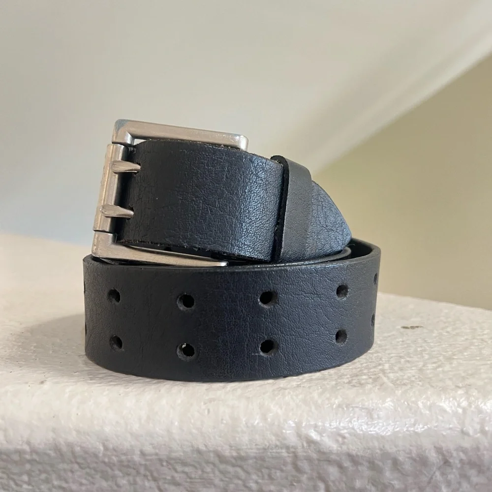 Unisex black‎ leather Silver Tone Double Prong Belt size 40 casual work western